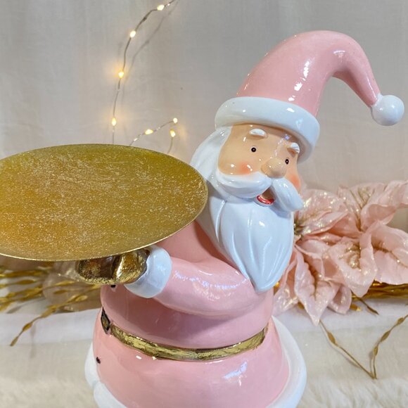 Christmas Holiday Pink Gold Santa Holding Serving Tray Display Stand NEW - Picture 11 of 16
